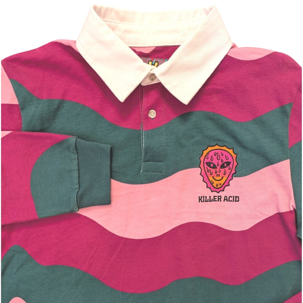 Killer Acid Mens Wavy Stripe Rugby Shirt Pink Teal Alien Polo Small S